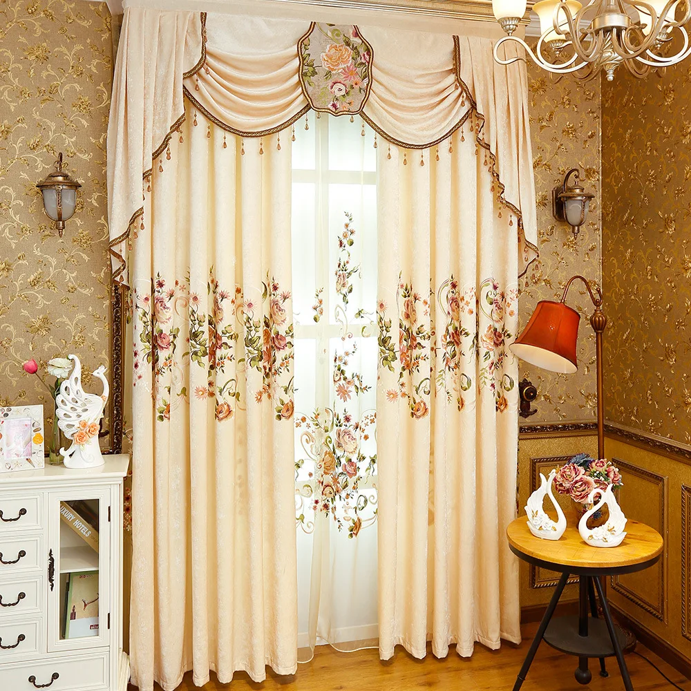 

High Grade American Chenille Blackout Curtains Fabric For Living Room Embroidered Flower Voile Tulle Drapes For Bedroom