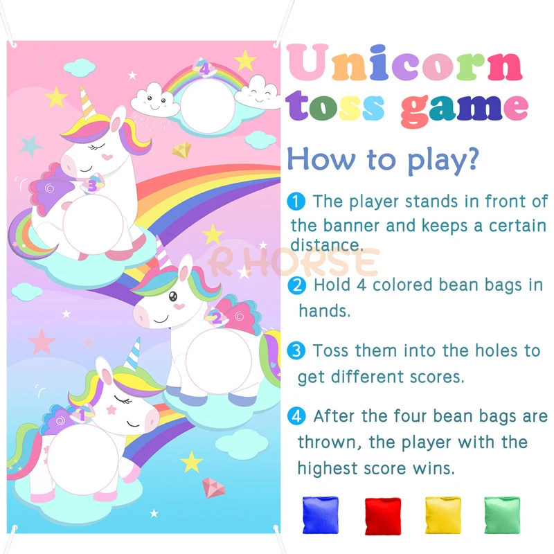 Rainbow Unicorn Horse Banner Party Toss Game Set Indoor Outdoor Bean Bag Toy Birthday Gifts Decor Decoration Supplies for Kids