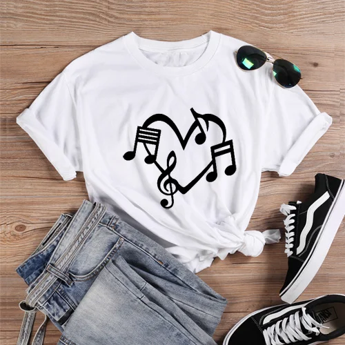 ONSEME Музыка Примечания Сердце Любовь Графический футболки Эстетическая одежда летняя девушка мощная страстная музыка футболка для леди девушки Q-923 - Цвет: White