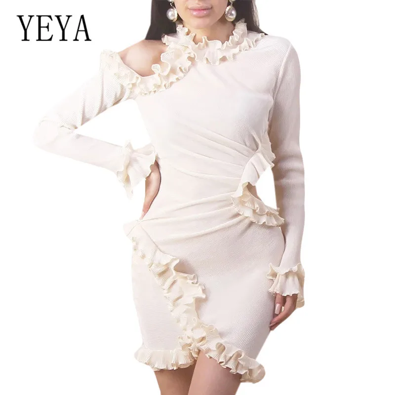 

YEYA Women Bandage Dress Elegant Ruffles Bodycon Vestidos Fashion Retro Ruffle Long Sleeve Hollow Out Sexy Mini Party Dress