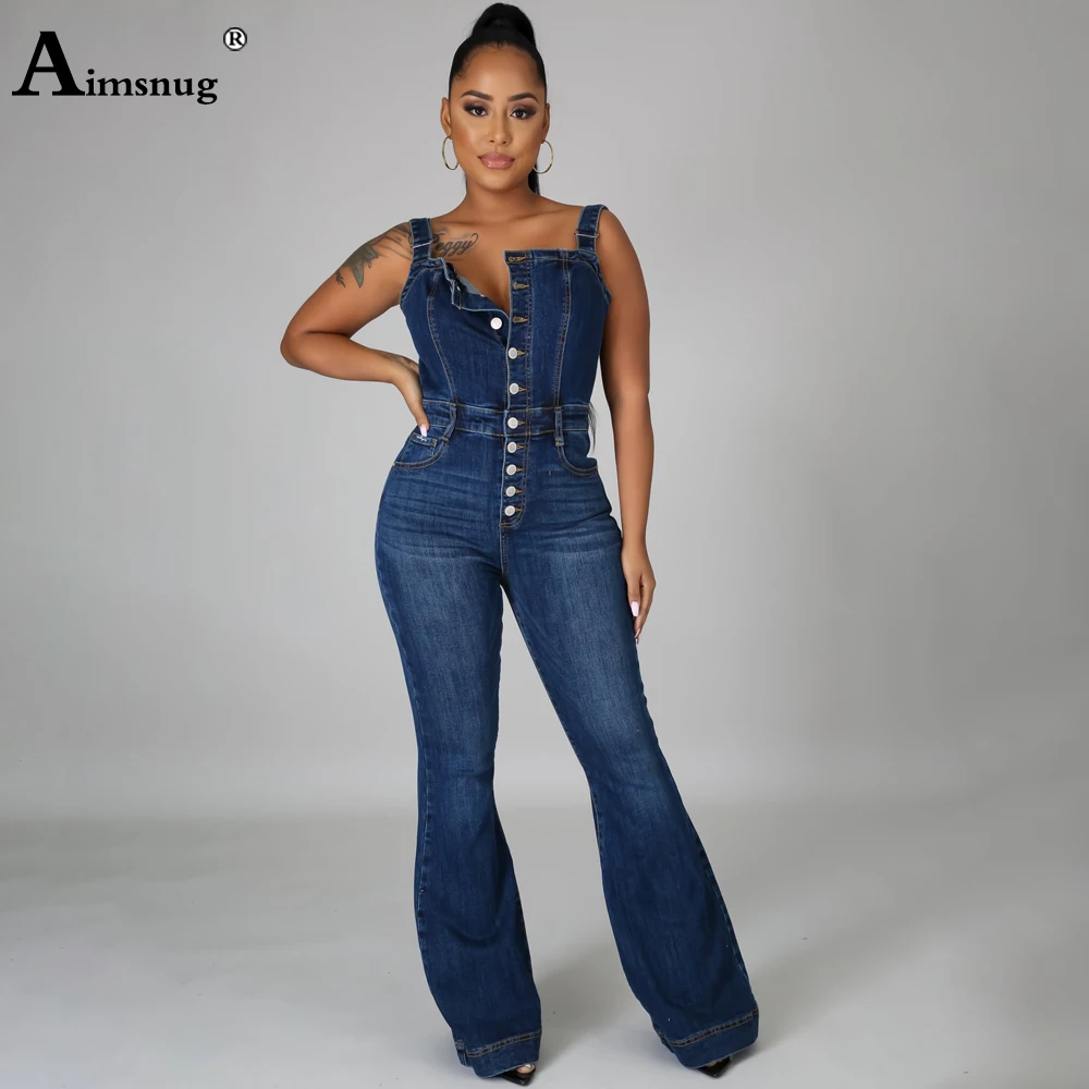 Aimsnug Plus Size Women Fashion Jeans Demin Jumpsuit Sexy Flare Pants Dark Blue Denim Bodysuits 2021 Single-Breasted Overalls