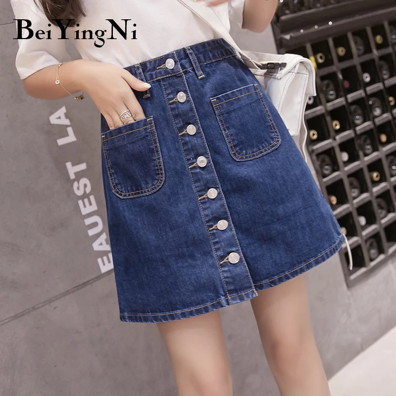 

Beiyingni 2020 Mini Jeans Skirt Woman Single-breasted Pockets Solid Streetwear Chic Denim Skirts Womens Plus Size BF A-line Saia