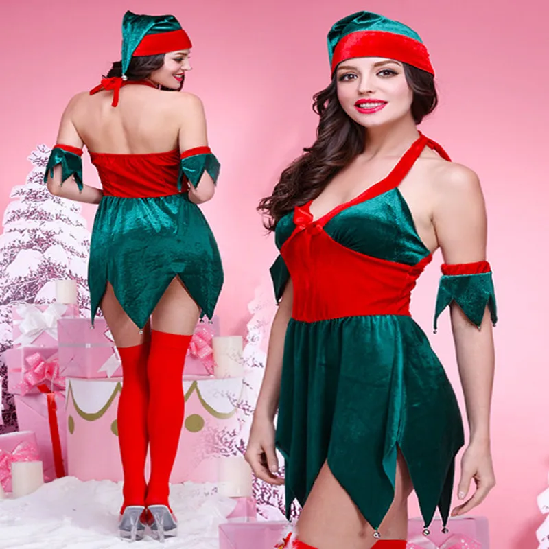 

Sexy Low-Cut sheng dan qun Green Adult Female Nightclub Christmas Clothing Christmas Tree Set Playing Parties Nightclub