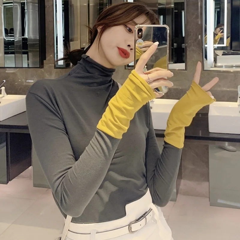 

High Collar Solid Color T-shirt Female Students Korean Loose Autumn Stitching Coat Joker Tight Long Sleeve Bottoming Shirt Kpop