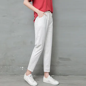 

New Harajuku Haren Pants Women Casual Spring Autumn Large Size Long Pants Solid High Waist Cotton Linen Pants Ankle Length