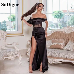 SoDigne Black Mermaid Long Prom Dresses Slit Side Off The Shoulder Formal Party Gowns Pleats Evening Dress Plus Size 2021