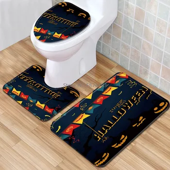 

3Pcs Set "HALLOWEEN" Pattern Bathroom Mat Set Anti-Slip Kitchen Bath Mat Carpet Toliet Cover Set Pedestal Rug Floor Mat