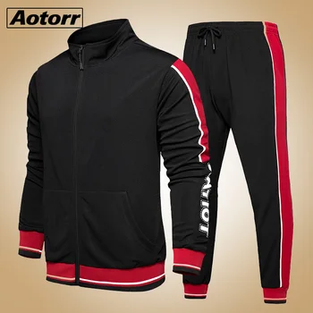 

2 Pieces Sets Tracksuit Men spring Autumn Zipper Sweatshirt +Elastic Pants Male Stripe Patchwork Slim Fit Cool Running Sweatsuit