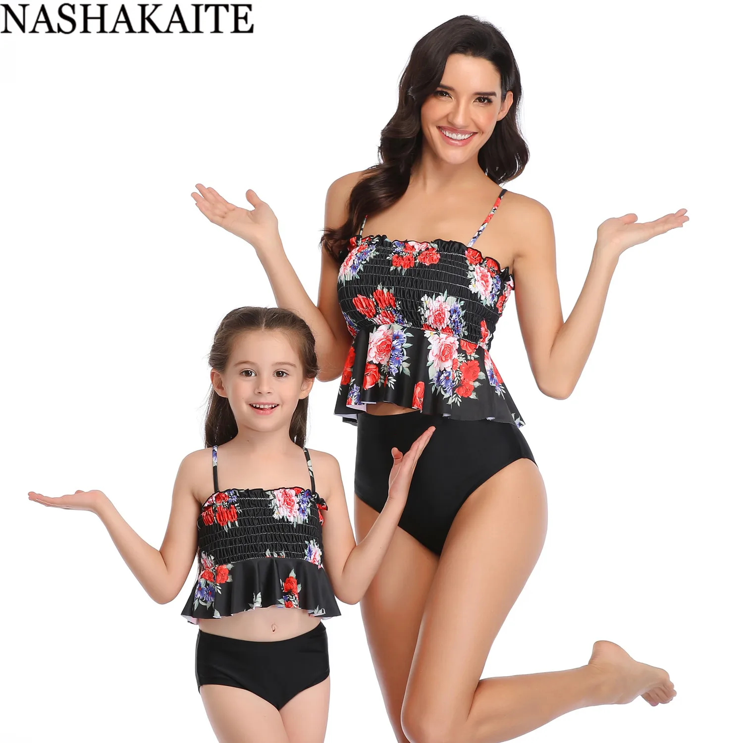 NASHAKAITE, семейный купальный костюм для мамы и дочки, купальник с цветочным принтом, комплект бикини для мамы и ребенка, пляжный праздничный купальный костюм