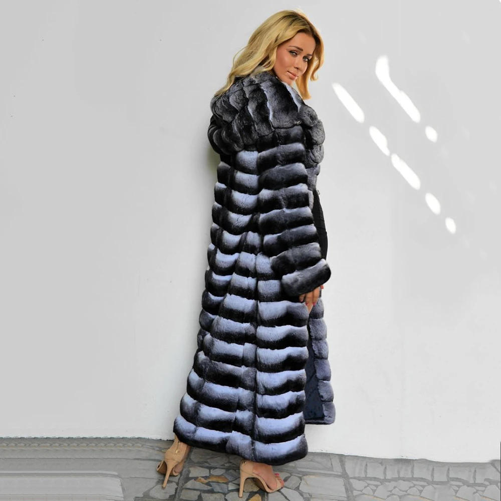 Luxury Real Fur Coats For Women 130cm Long Real Chinchilla Color Rex Rabbit Fur Coat With Hood Warm Overcoats Fur Natural Woman