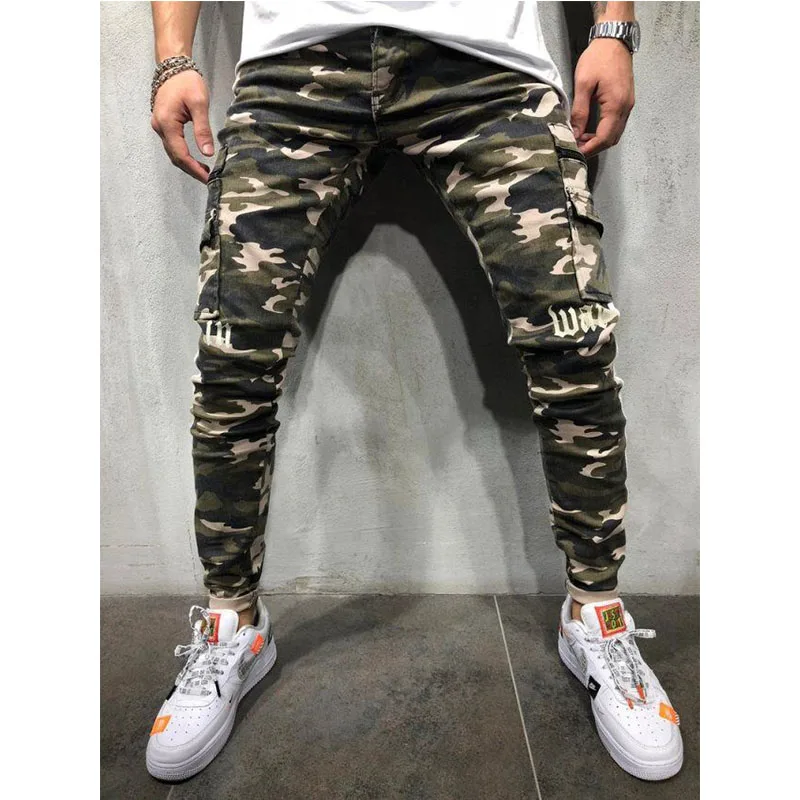 

CYXZFTROFL New Men's Camouflage Slim Jeans High Quality Trend Men's Jeans Stretch Hollow Tight Riding Pleated Printed Jeans