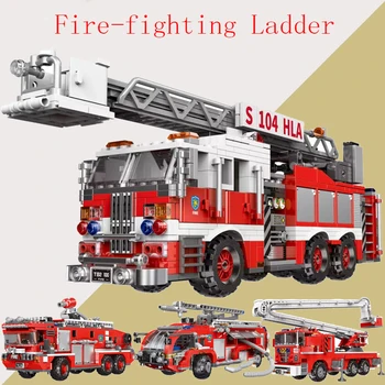 

City Fire Fighting Ladder Truck Rescue Vehicle Building Blocks Technic Firefighter Enlighten Bricks Children Toys Birthday Gifts