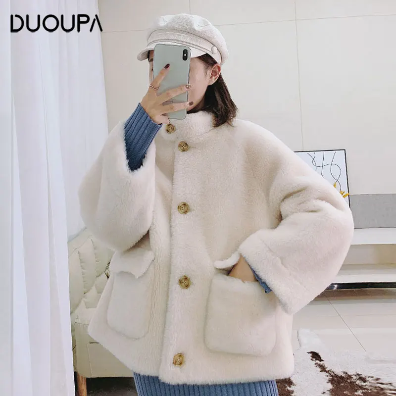 DUOUPA, осенняя и зимняя новая модная куртка для стрижки овец, женский толстый теплый плюшевый кашемир, пальто из овечьей шерсти, Короткая секция, сетчатая красная