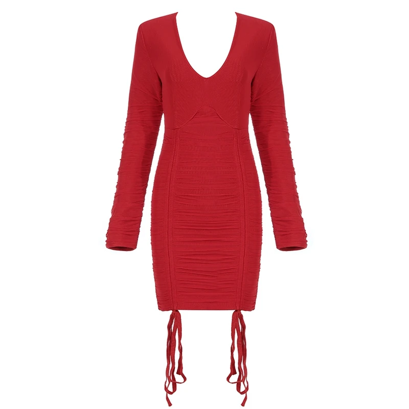 INDRESSME, новинка, модные женские вечерние платья, Клубные, драпированные, сексуальные, v-образный вырез, длинный рукав, на шнуровке, с рюшами, Бандажное, Мини, облегающее платье