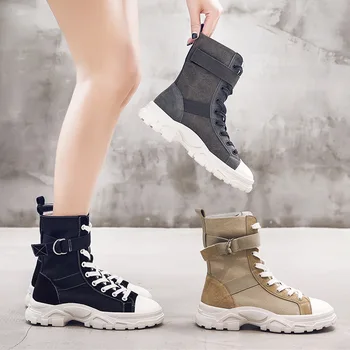 

CINESSD Genuine Leather Boots Women Mid Calf Bottes Femme Solid Canves Sneakers Women Boots Platform Spring 2020 Ladies Booties