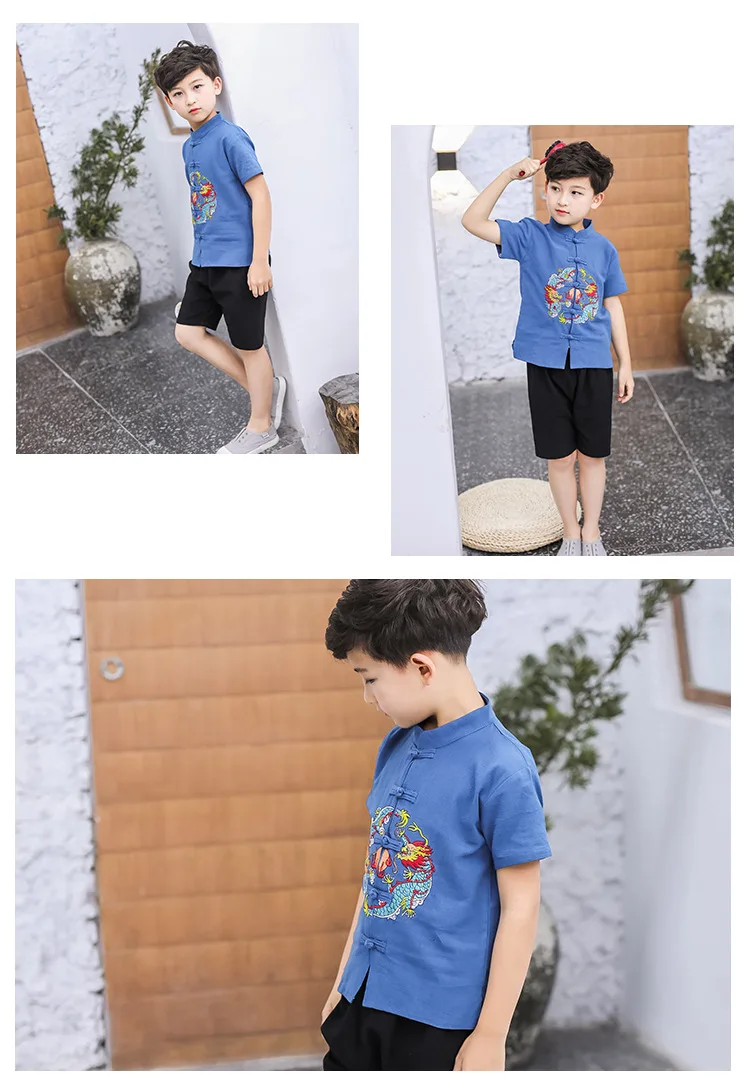 Летняя новая стильная детская одежда в китайском стиле; детская одежда из хлопка и льна с короткими рукавами; шаровары с вышивкой для мальчиков