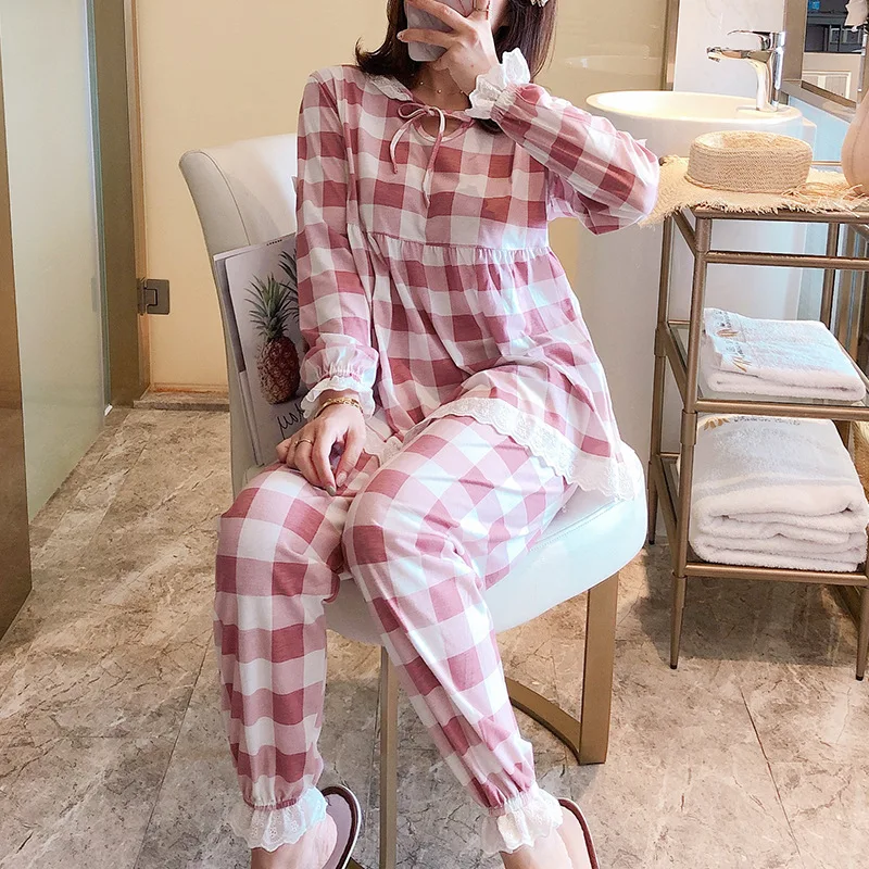 

Pajamas Women's Spring And Autumn Long Sleeve Pure Cotton Princess Style Cute Plaid Korean-style Students INS Two-Piece Set Home