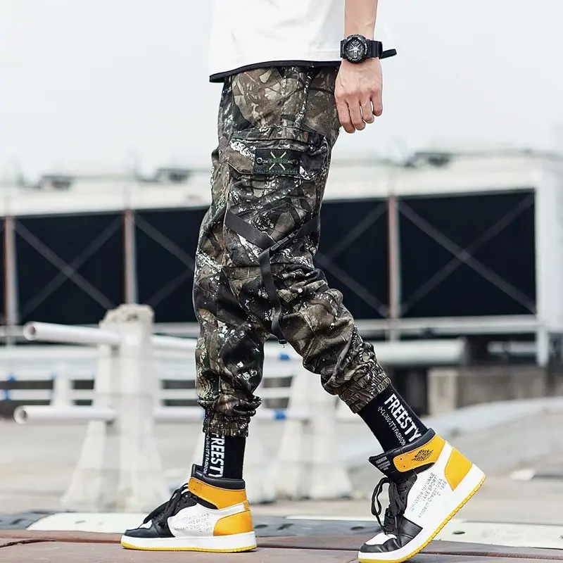 Army Camouflage Уличная ленты повседневные брюки мужские черные тонкие мужские штаны для бега с боковыми карманами хлопковые камуфляжные мужские брюки - Цвет: Army Camouflage