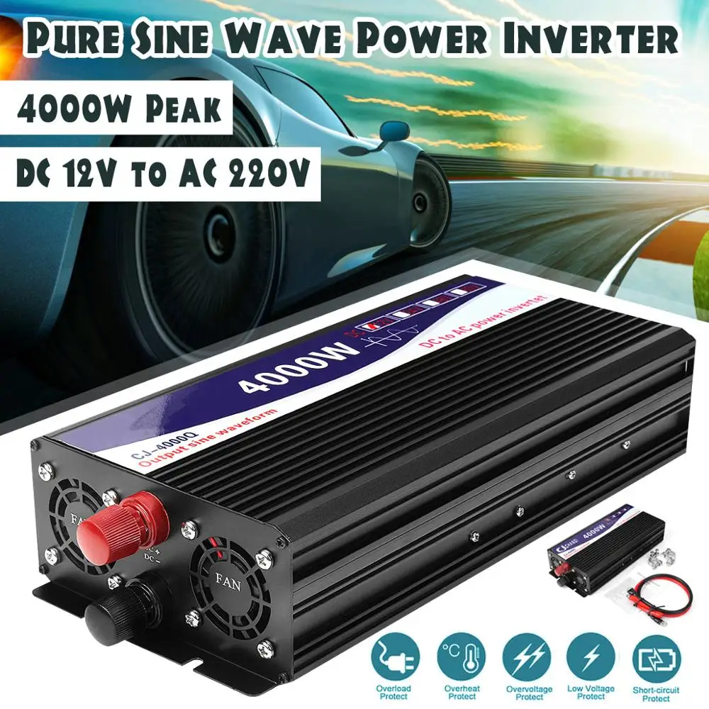 

4000W Car Vehicle Power Inverter Pure Sine Wave 12V DC to 220V AC Transmitter Car Inverter with Light Inverter