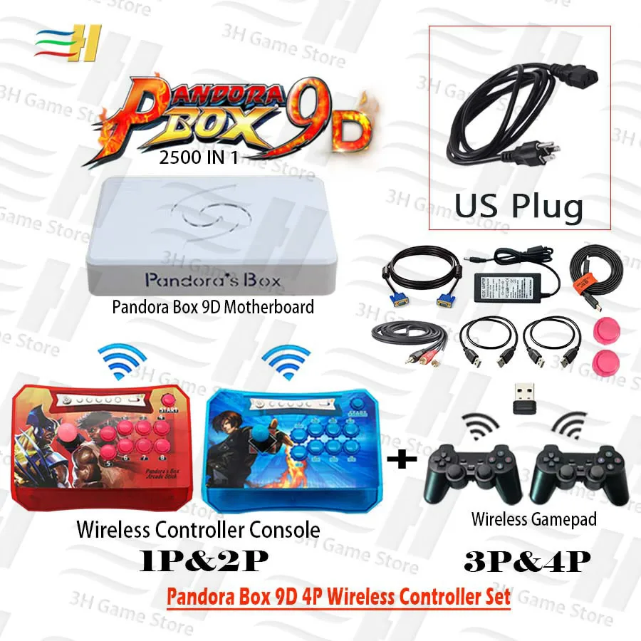 4P red blue wux US Pandora box 9d 4P беспроводной контроллер Набор беспроводной аркадный джойстик консоль и геймпад 2500 В 1 поддержка 1P 2P 3P 4P игры 3D tekken - Цвет: 4P red blue wux US
