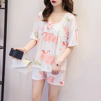

Summer Pajamas WOMEN'S Short Sleeved Shorts Qmilch Thin Sexy Lace Flamingo Students Homewear Set