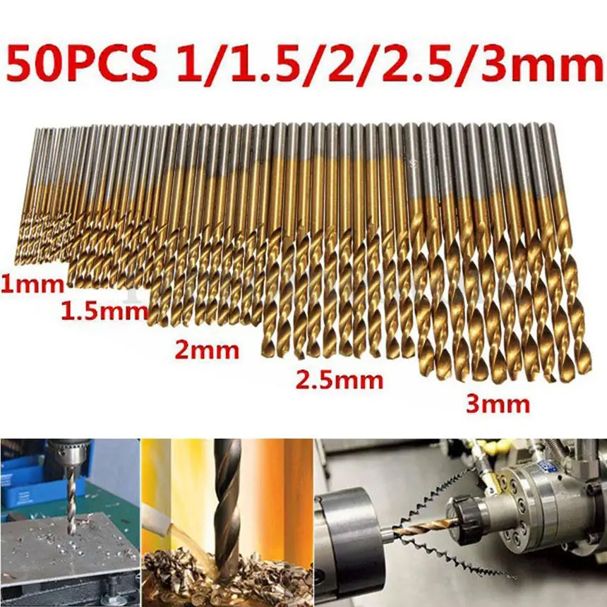 

50Pcs /LOT Titanium Coated Twist Drill Bit High Steel for Woodworking Plastic And Aluminum HSS Drill Bit Set 1/1.5/2.0/2.5/3mm