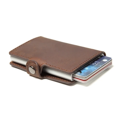 Men Wallet Automatic Credit card holder Crazy Horse Genuine Leather Aluminum Mini Wallet With Back Pocket ID Card RFID Blocking - Color: Crazy Buckle brown