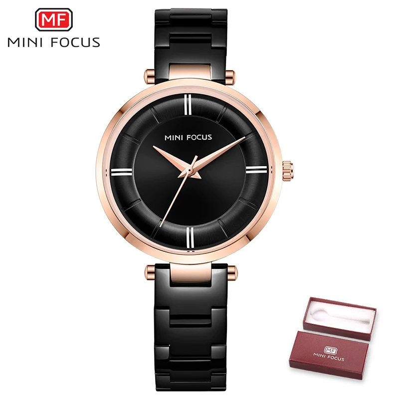 Black MINIFOCUS модные женские часы синий ремешок из нержавеющей стали водонепроницаемые кварцевые женские часы подарок для жены Relogio Feminino - Цвет: Black
