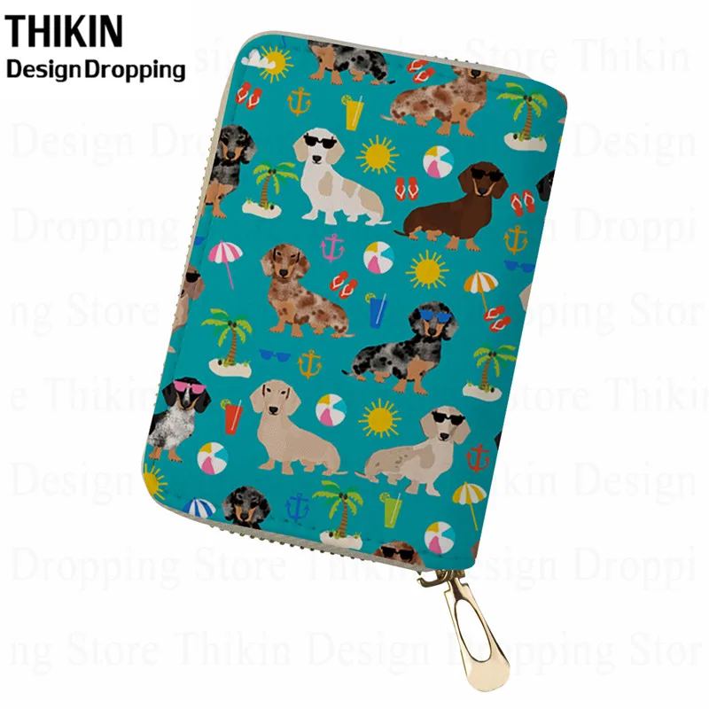

THIKIN Hawaiian Coco Leaf Dachshund Cartoon Passport ID Card Holders Cute Kids Girls PU Leather Bank Credit Card Mujer Purse