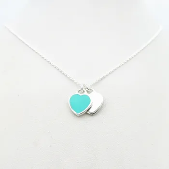 

1: 1 sterling silver 925 classic ladies blue enamel heart-shaped silver heart-shaped double heart pendant necklace jewelry