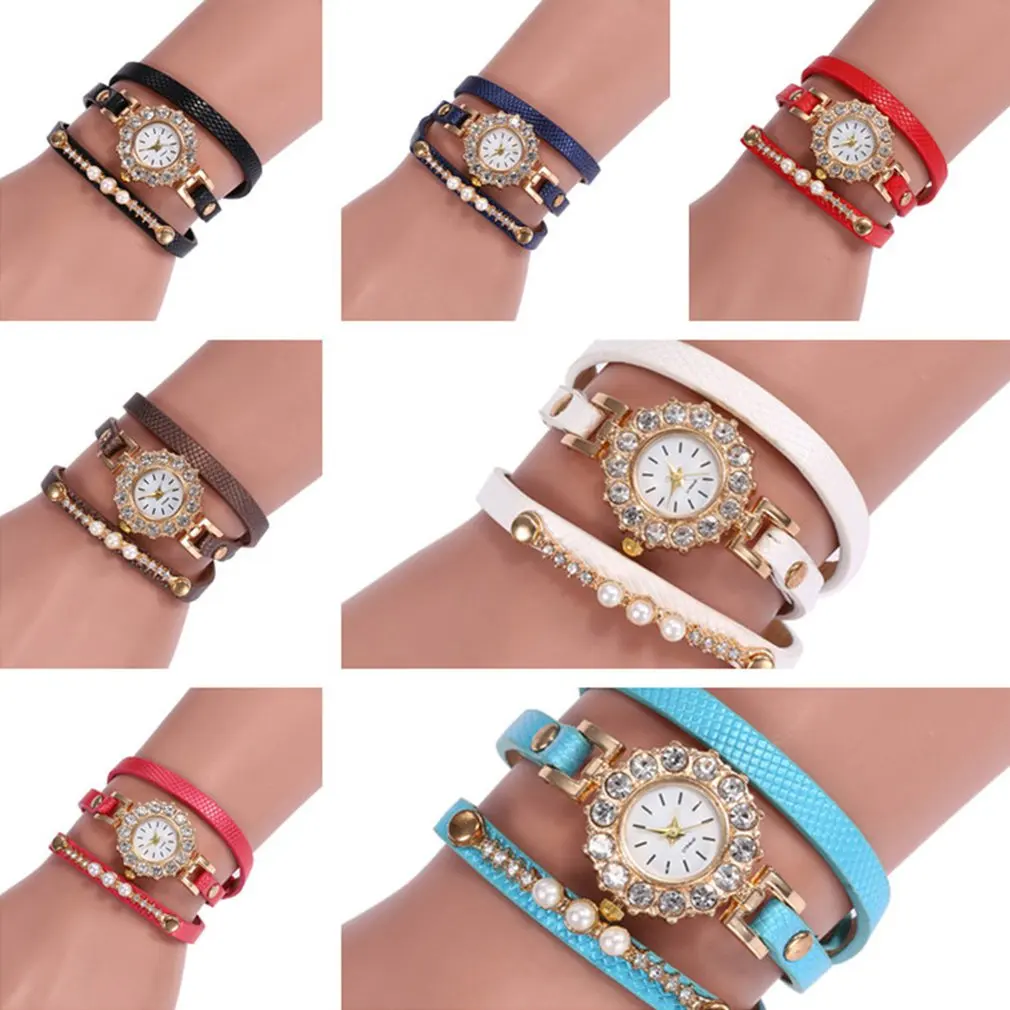 Luxury PU Leather Rhinestone Women Fashionable Bracelet Watch Fashion Round Dial Female Quartz Wrist Watches Best Gift