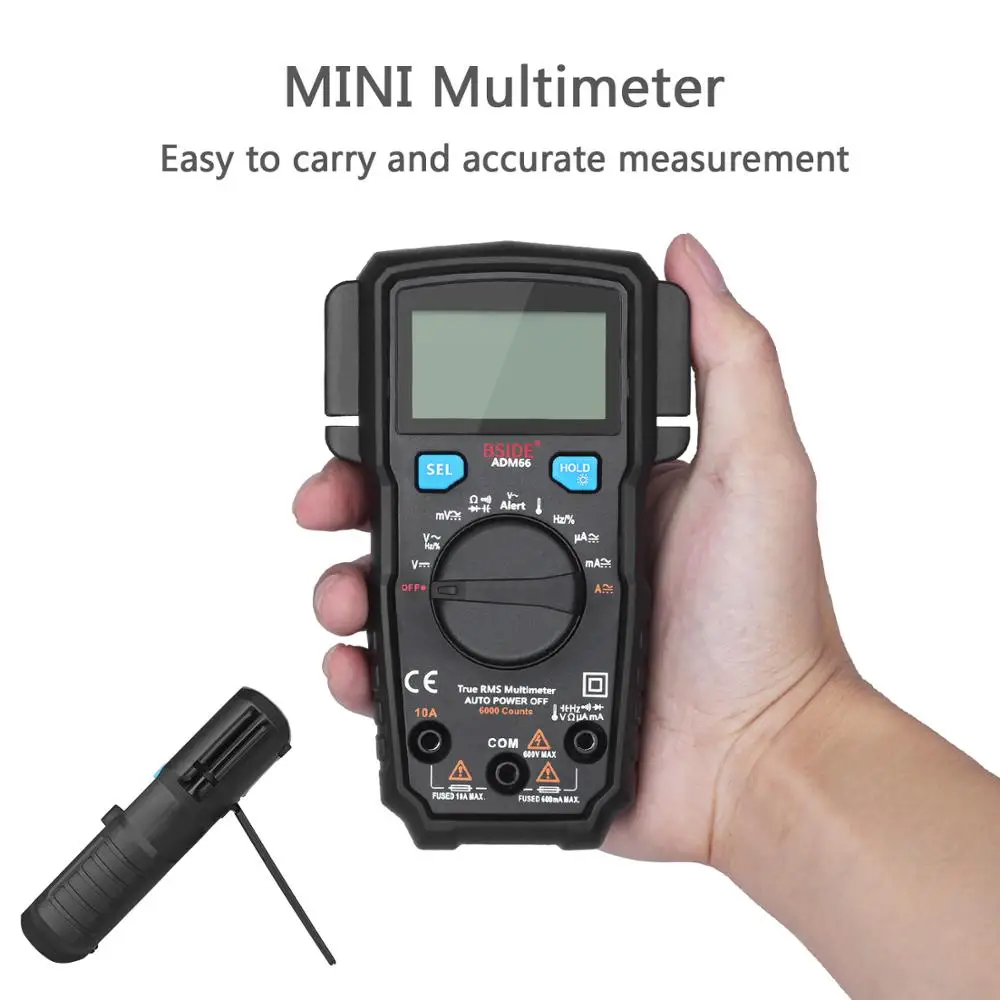 

Mini Digital Multimeter BSIDE ADM66 62 Auto Range True DC/AC Voltage Current Temperature Capacitance Diode Tester