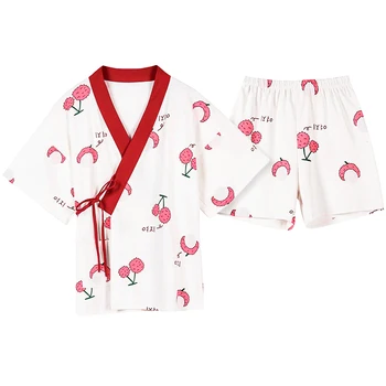 

BCCZMISS Summer Cute Cotton Pajamas Two Pieces Bandaget Women Red Cardigan Nightdress Female Kimono Home Clothes Lady Nightie