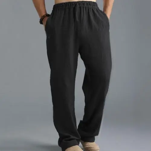 Casual Harem Men pants Male Solid Elastic Waist Straight Loose Pants Washed cotton breathable casual sports trousers linen Pants - Цвет: Черный