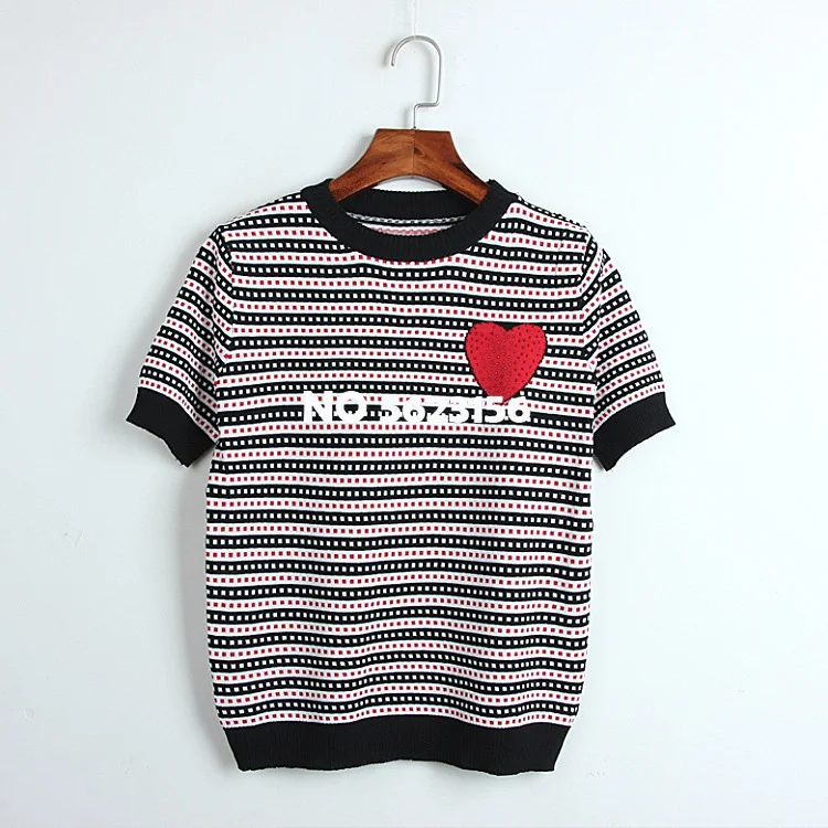 

Summer Thin Sweater Black White Striped Short-sleeved Top Women's Love Round Neck Knitting Sweater Discount