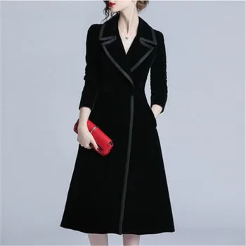 

new arrival women fashion comfortable velvet trench coat professional OL temperament solid girls warm outdoor long black trench