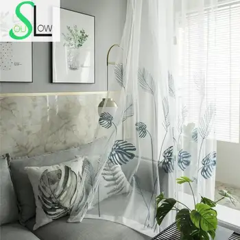 

Slow Soul Banana leaf Embroidered Tulle Japanese Plant French Window Curtains For Living Room Bedroom Kitchen Sheer Drapes