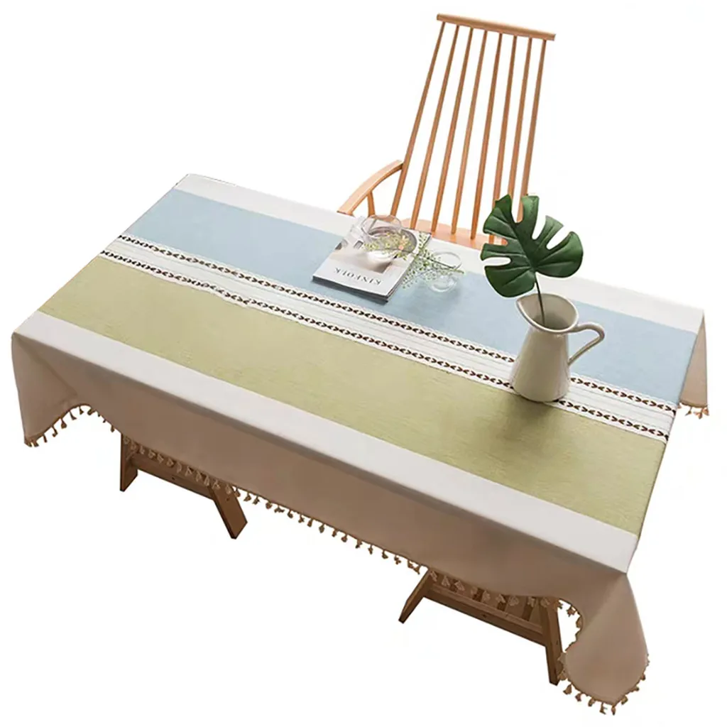 Линии плавными дышащая прочный хорошего качества qualityTable ткань из хлопка и льна, немнущееся платье невыцветающий скатерти для стола, EmbroideryTassel