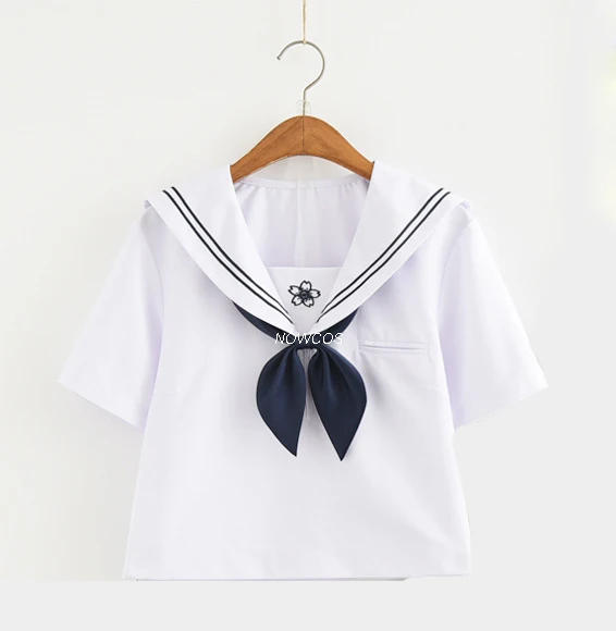 short sleeve blouse Новая школьная форма для девочек Белая Блузка темно-синяя плиссированная юбка Sakura вышитый студенческий костюм японский Jk костюм моряка с длинными рукавами - Цвет: short sleeve blouse