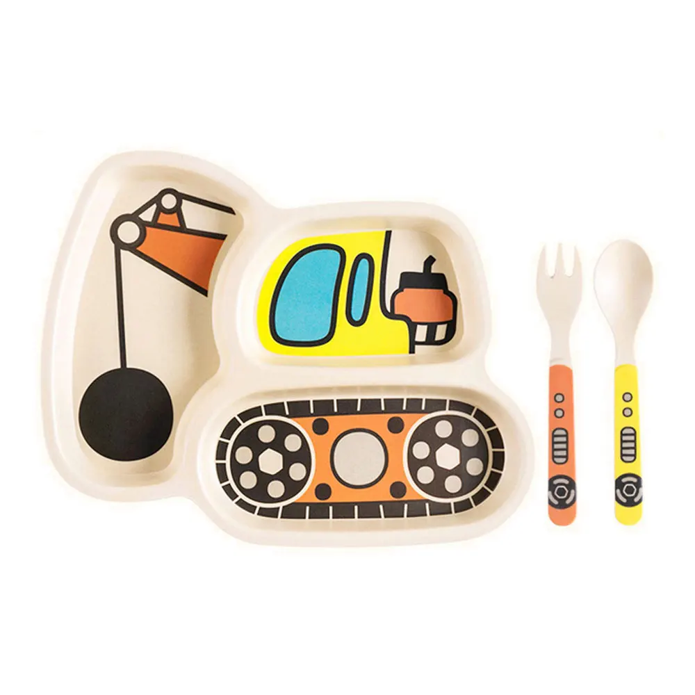 3pcs/set Cartoon Car Plate Fork Spoon Dinner Plates Set Dishes Divided Compartment Plates Tableware for Kids Toddlers Children