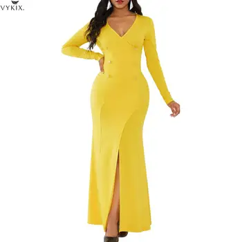 

Evening Party Women Dresses Elegant Split Sexy Dress Long Sleeves Bodycon Button Solid Color Formal V-neck Slim Black Dress