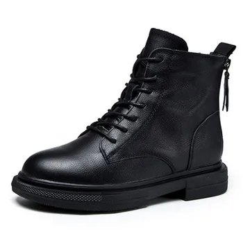 

Solid Black Leather Boots Female Lace Up Ankle Boots for Women Shoes Woman Plus Size Platform Warm Plush Zipper Winter Boots