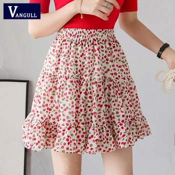 

Vangull Cherry print Chiffon mini skirt Women High elastic waist Pleated Ball gown skirt with safety shorts Slim Chic skirt