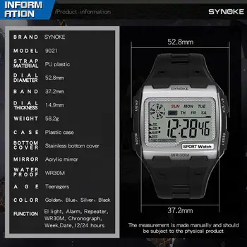SYNOKE-reloj Digital cuadrado para hombre, cronógrafo luminoso, multifuncional, esfera grande, deportivo, resistente al agua, con pantalla LED 5