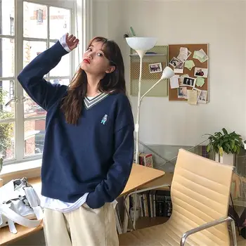 

Women's Sweaters Japanese Kawaii Ulzzang Cartoon Bear Color Matching V-neck Sweater Female Korean Harajuku Clothing For Women