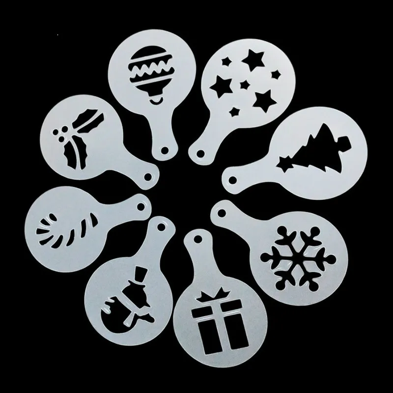 

8pcs Christmas Style Coffee Barista Art Stencils Cafe Foam Spray Cake Duster Template Cappuccino Carving Printing Mold
