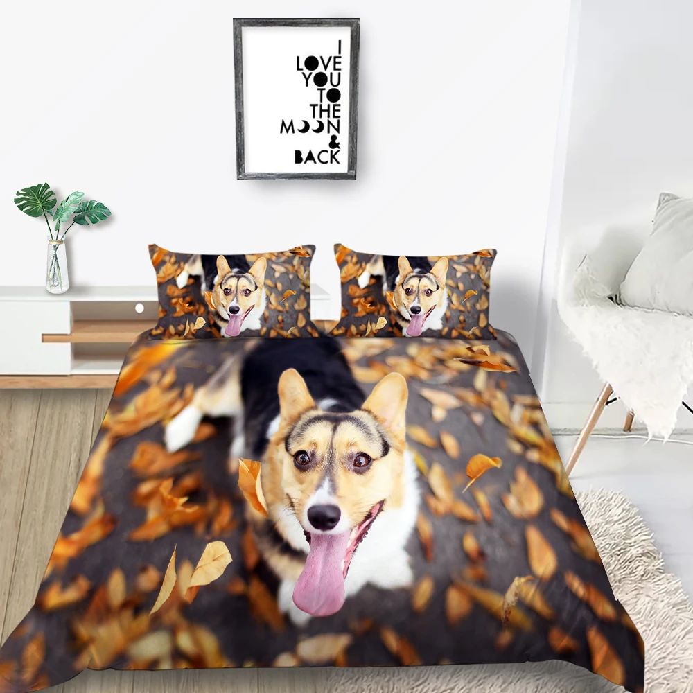 

Cute Corgi Bedding Set Fallen Leaves Romantic 3D Duvet Cover King Queen Twin Full Single Double Unique Design Bed Set