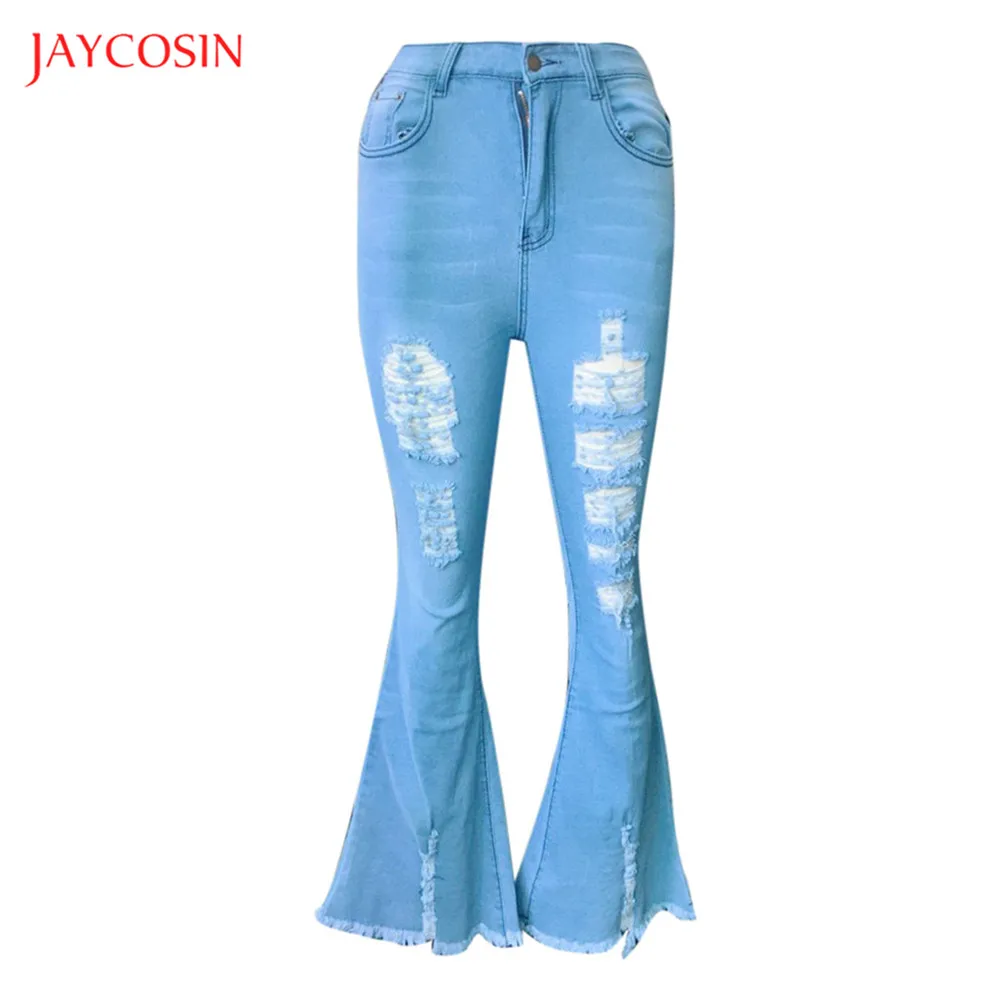 Jaycosin, летние модные женские джинсы, высокая талия, вымытые, старые, рваные, с дырками, женские джинсы, обтягивающие, расклешенные штаны, уличные, дикие