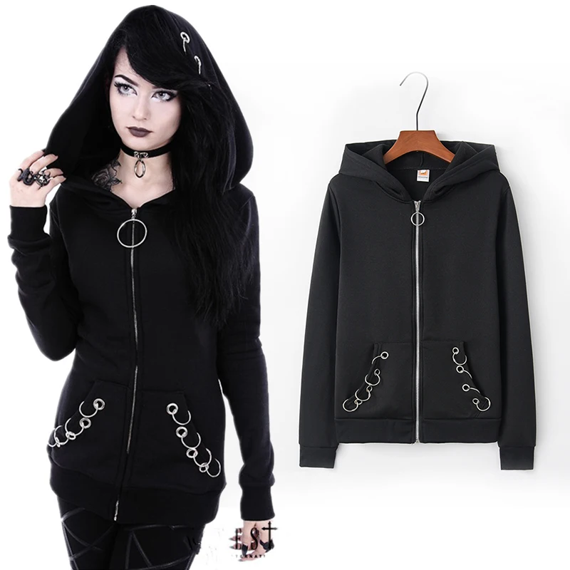 

2019 New Punk Style Black Fleece Hoodie Sweatshirt Iron Rings Zipper Hooded Cool Dark Gothic Women Womens Autumn Winter Hoodies