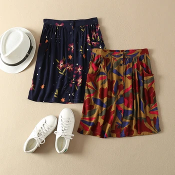 

Floral Printing 100% Viscose Single Breasted Pocket Pleated Mini Skirt Two Colors